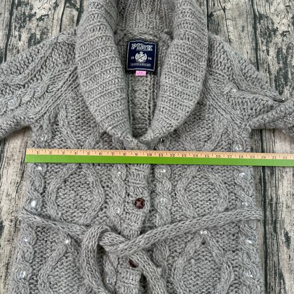 Victoria’s Secret PINK Wool Cable Knit Cardigan Belted Shawl Collar Rhinestone - Picture 8 of 10